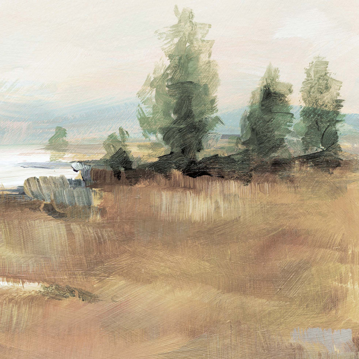 Close up of painting of a landscape with trees and fields