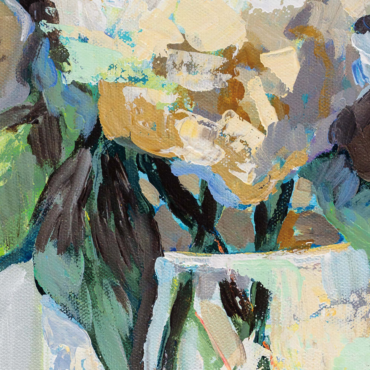 Close-up of abstract painting with a mix of colors and textures
