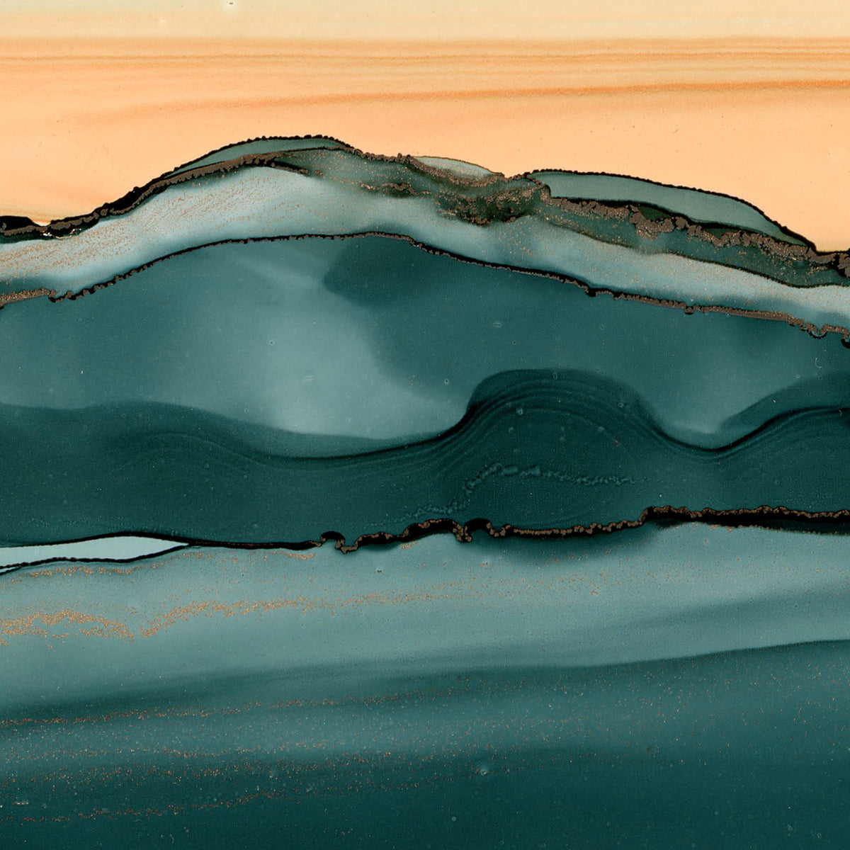 Close-up of abstract depiction of teal and gold strokes, resembling a layered landscape.