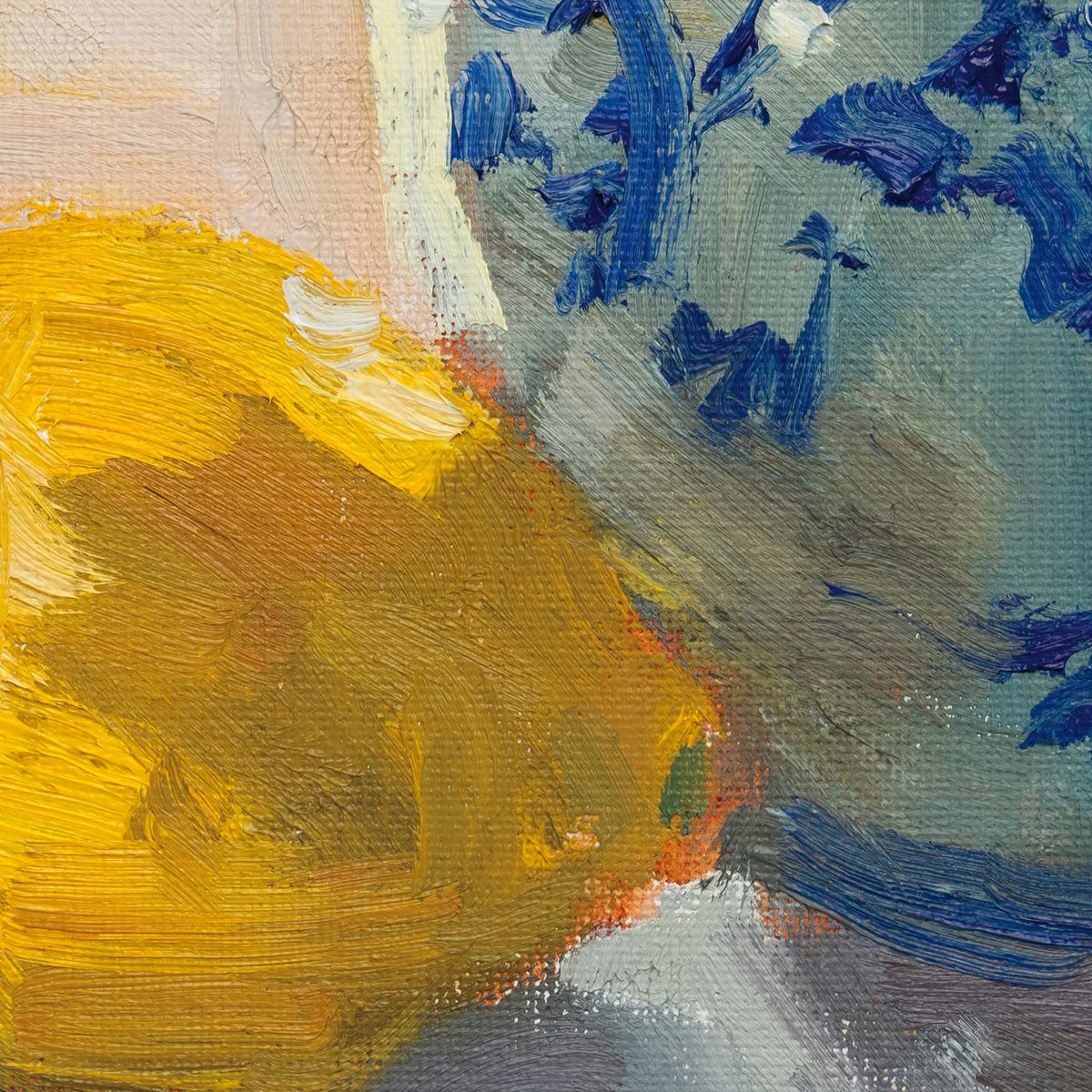 Close-up of a painting with yellow, blue, and gray abstract brushstrokes, depicting a lemon sitting beside a chinoiserie pot.