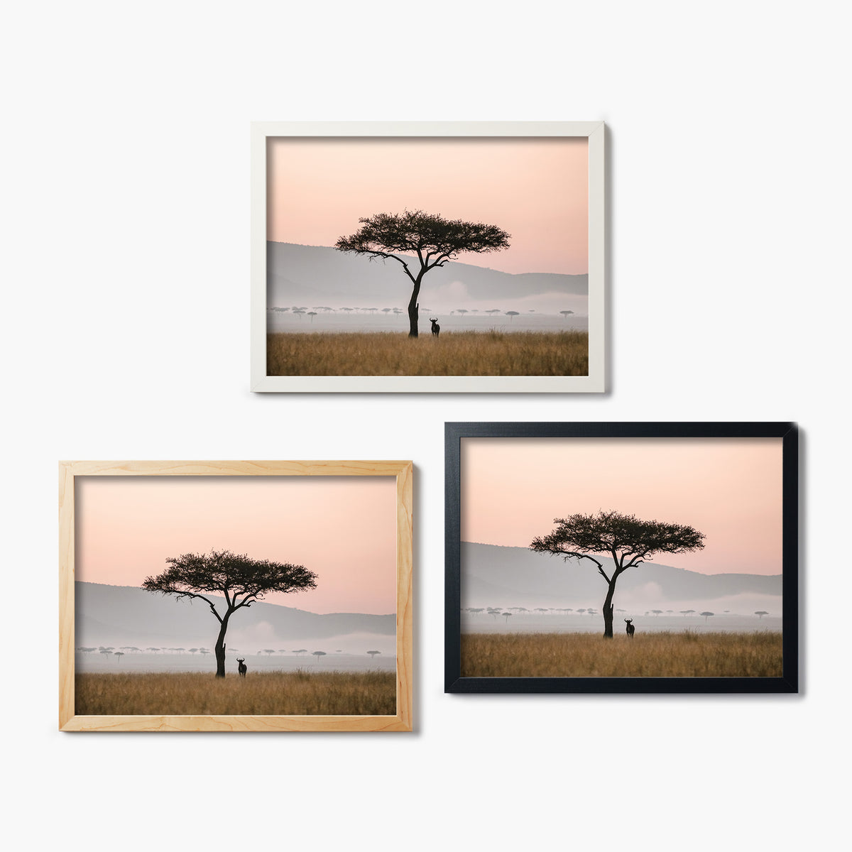 Three framed glass prints of a tree and wildebeest silhouette against a pink sky with mountains and water.