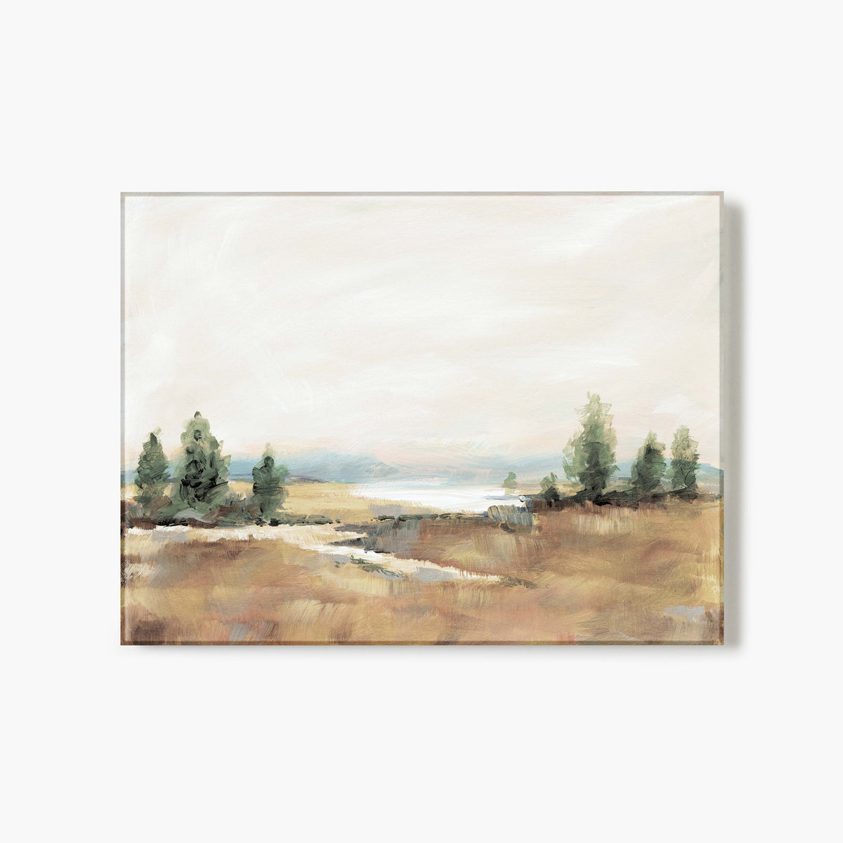 Glass Print of a landscape painting of a field with trees and a body of water on a white background.