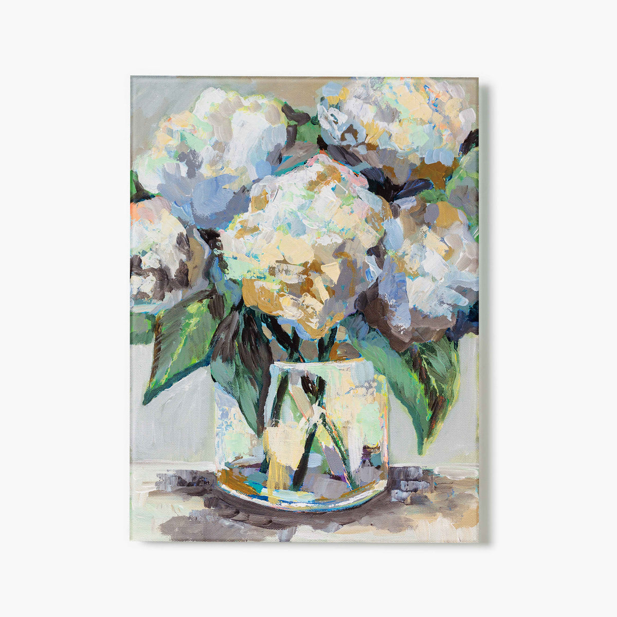 Glass print of painting of flowers in a vase on a white background