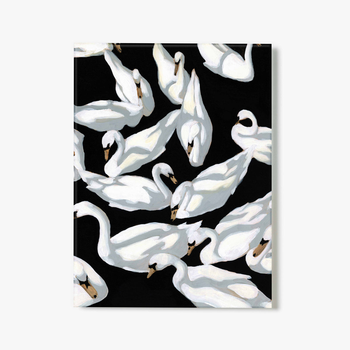 Glass print of painted pattern of white swans on a black background