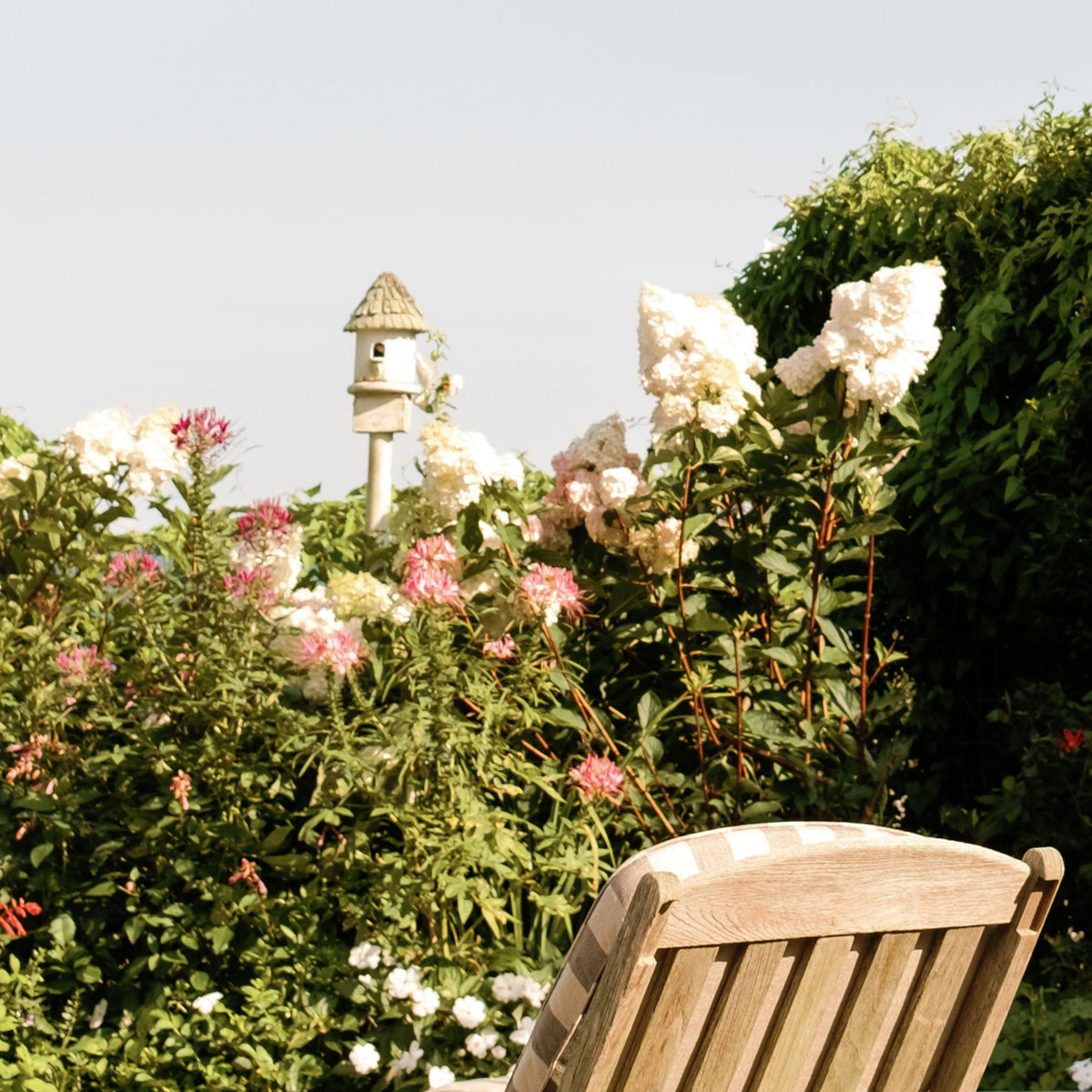 Close up of a wooden chair in a garden with flowers and a birdhouse in the background