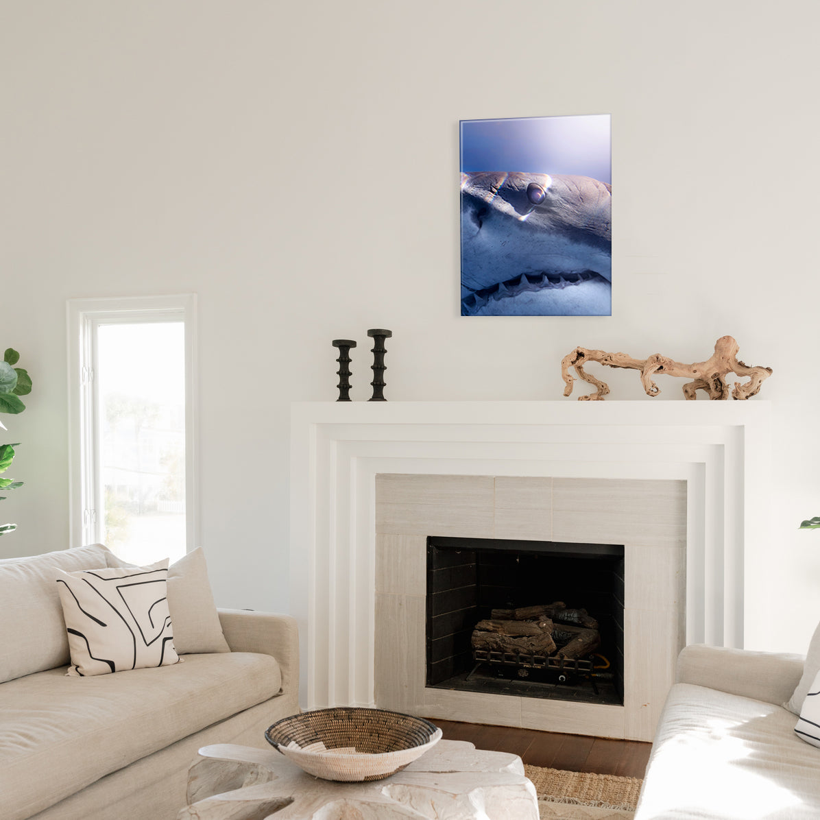 Living room with a fireplace, couch, and a glass print of a great white shark close-up above the mantel