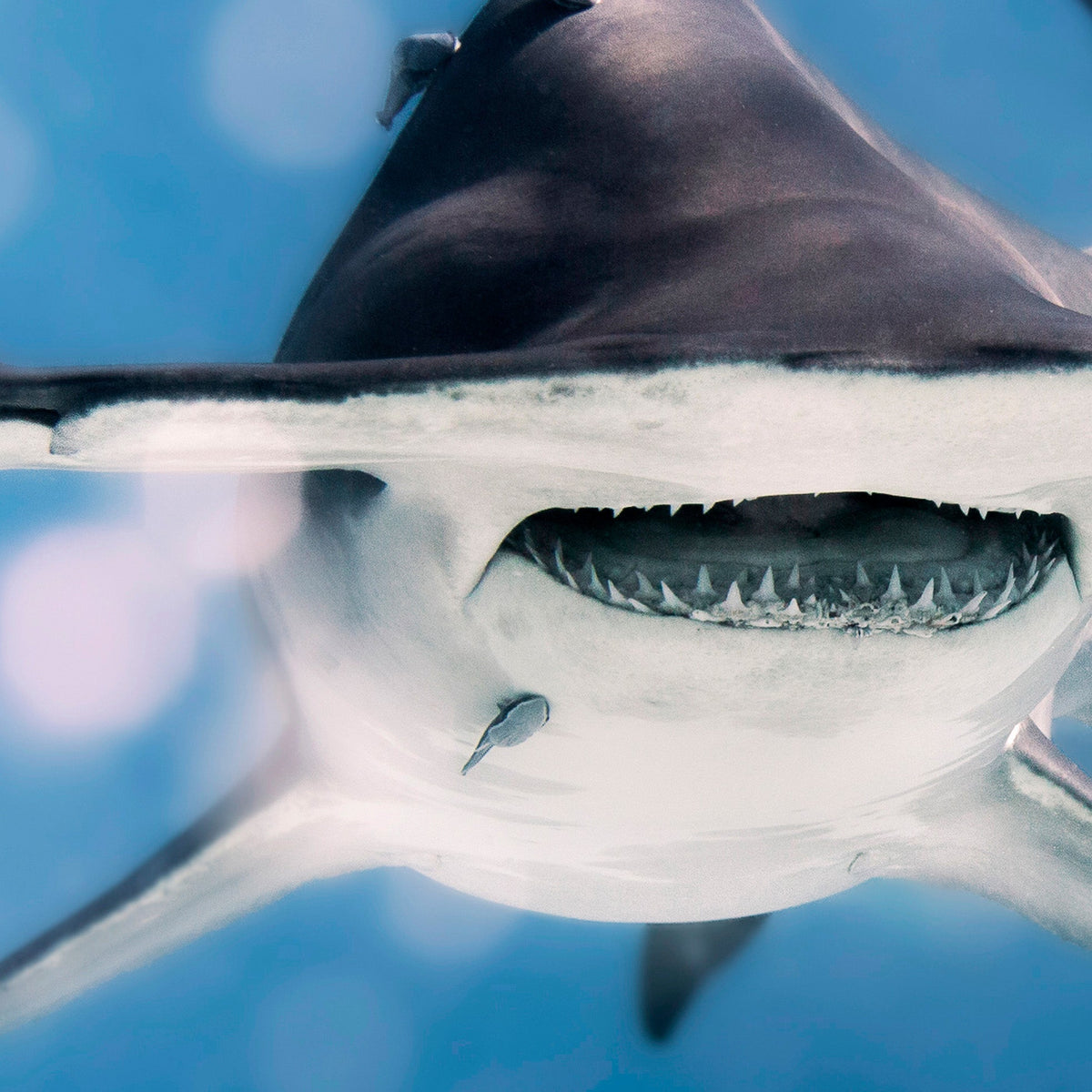 Close-up of a hammerhead shark with a blurred blue background