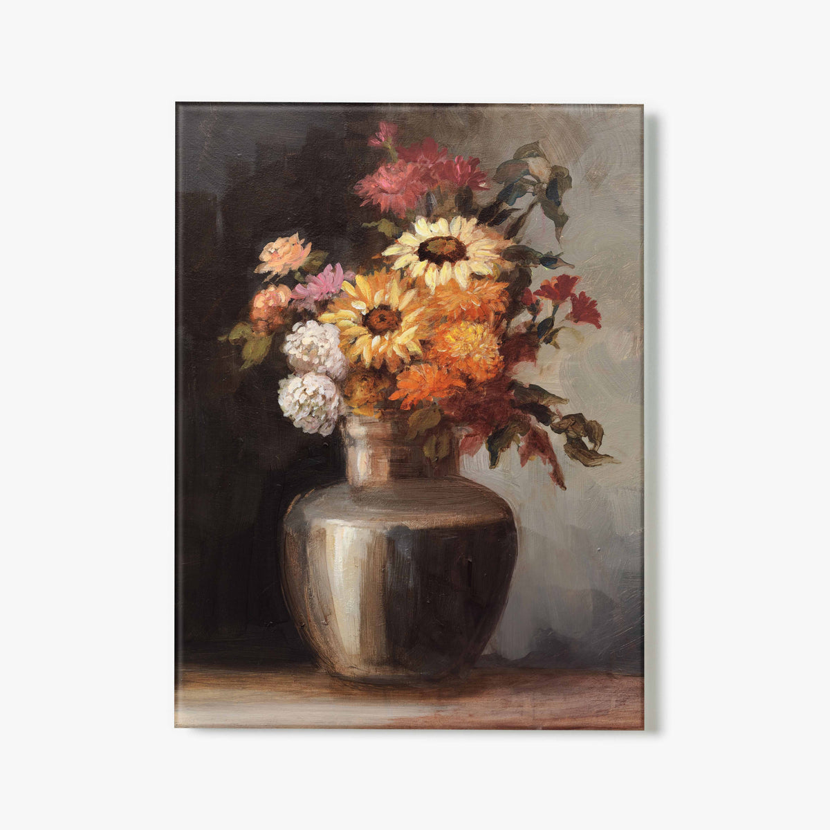Glass print of a painting of a still life with flowers in a vase on a wooden surface.