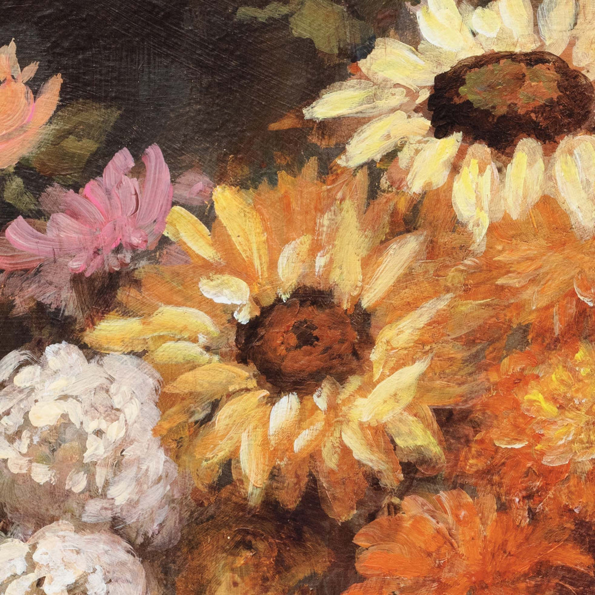 Close-up of a painting of sunflowers and other flowers with a focus on texture and color.