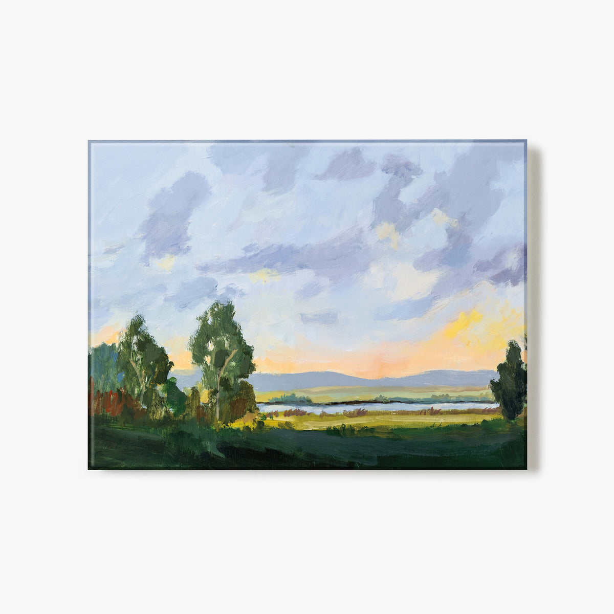 Glass print of a landscape painting with trees and a sky with clouds.