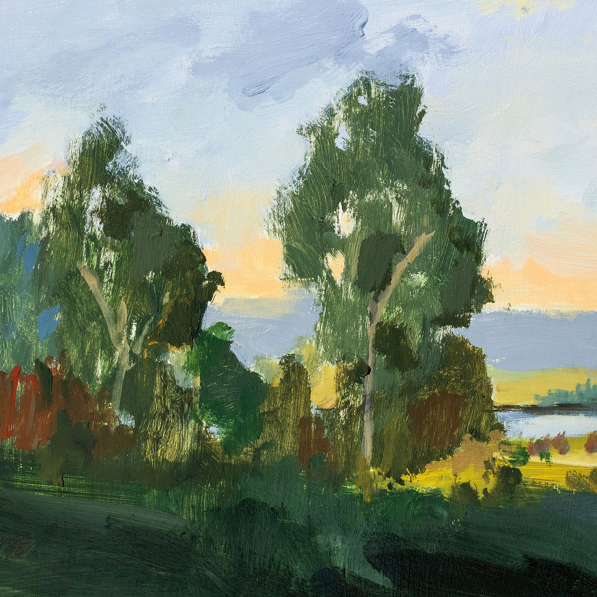 Close up of painting of a landscape with trees and a body of water.