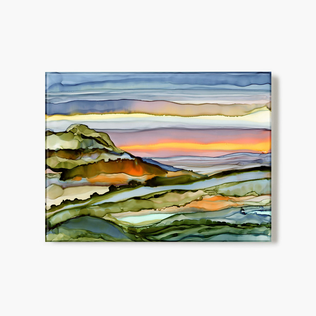 Glass print of abstract landscape painting with colorful layers on a white background