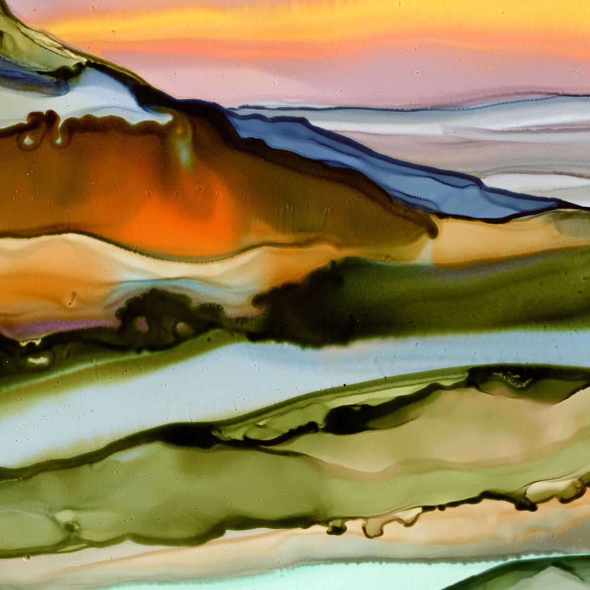 Close-up of an abstract layered landscape painting with earthy tones