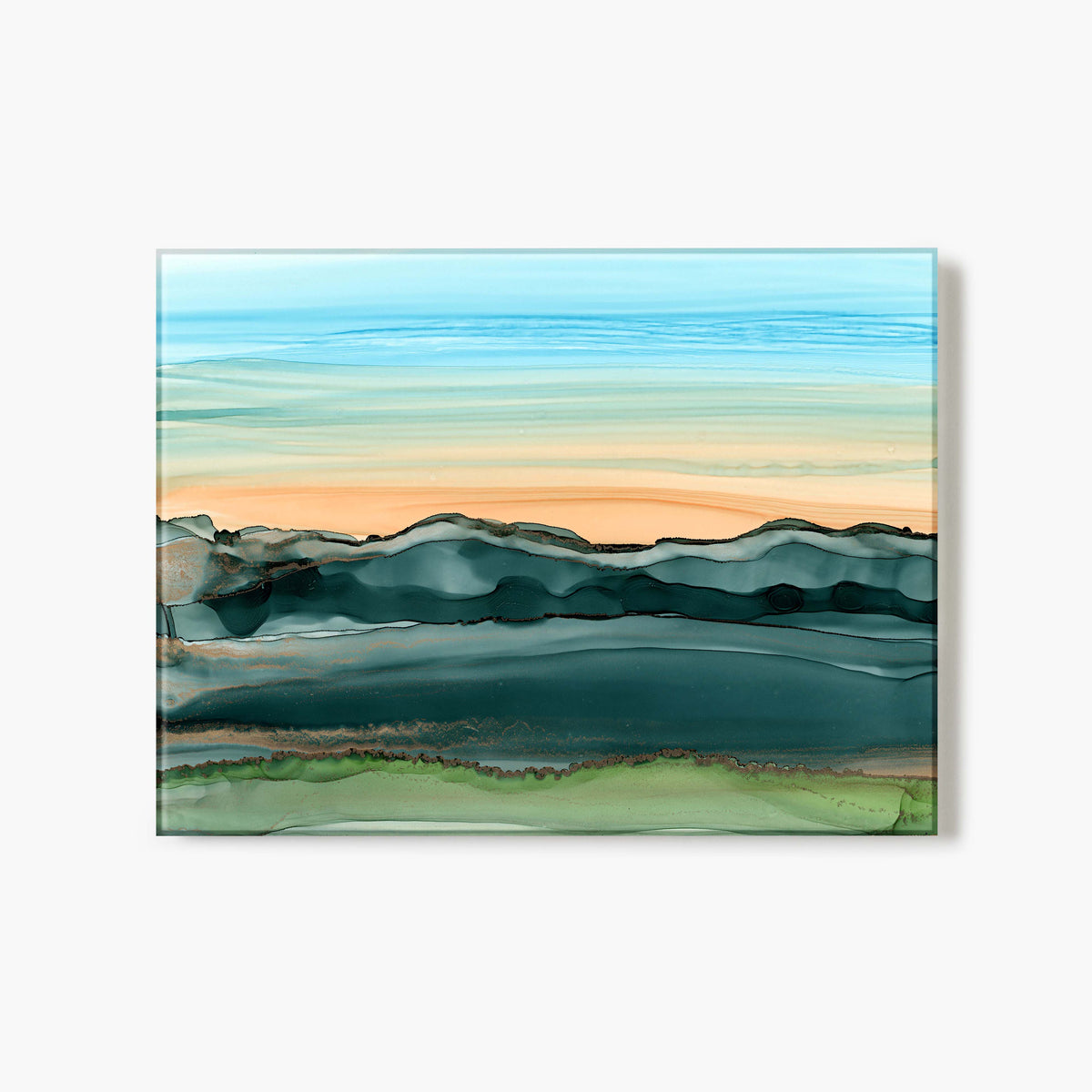 Glass Print of an abstract landscape painting with blue, green, and orange hues on a white background