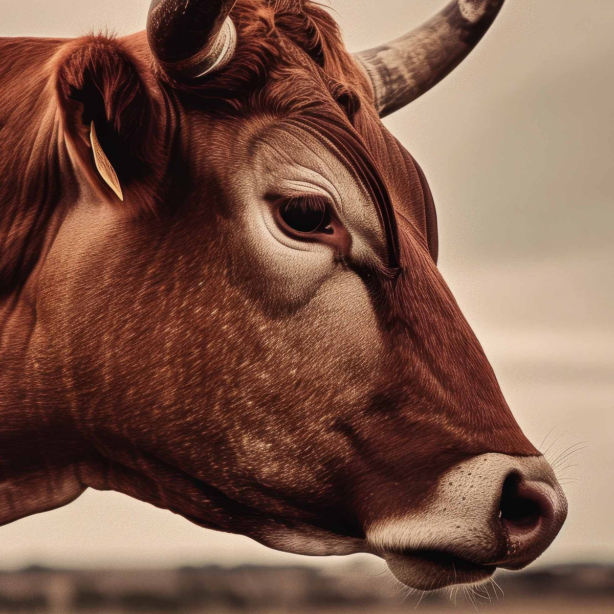 Close-up of a brown cow with large horns against a blurred background