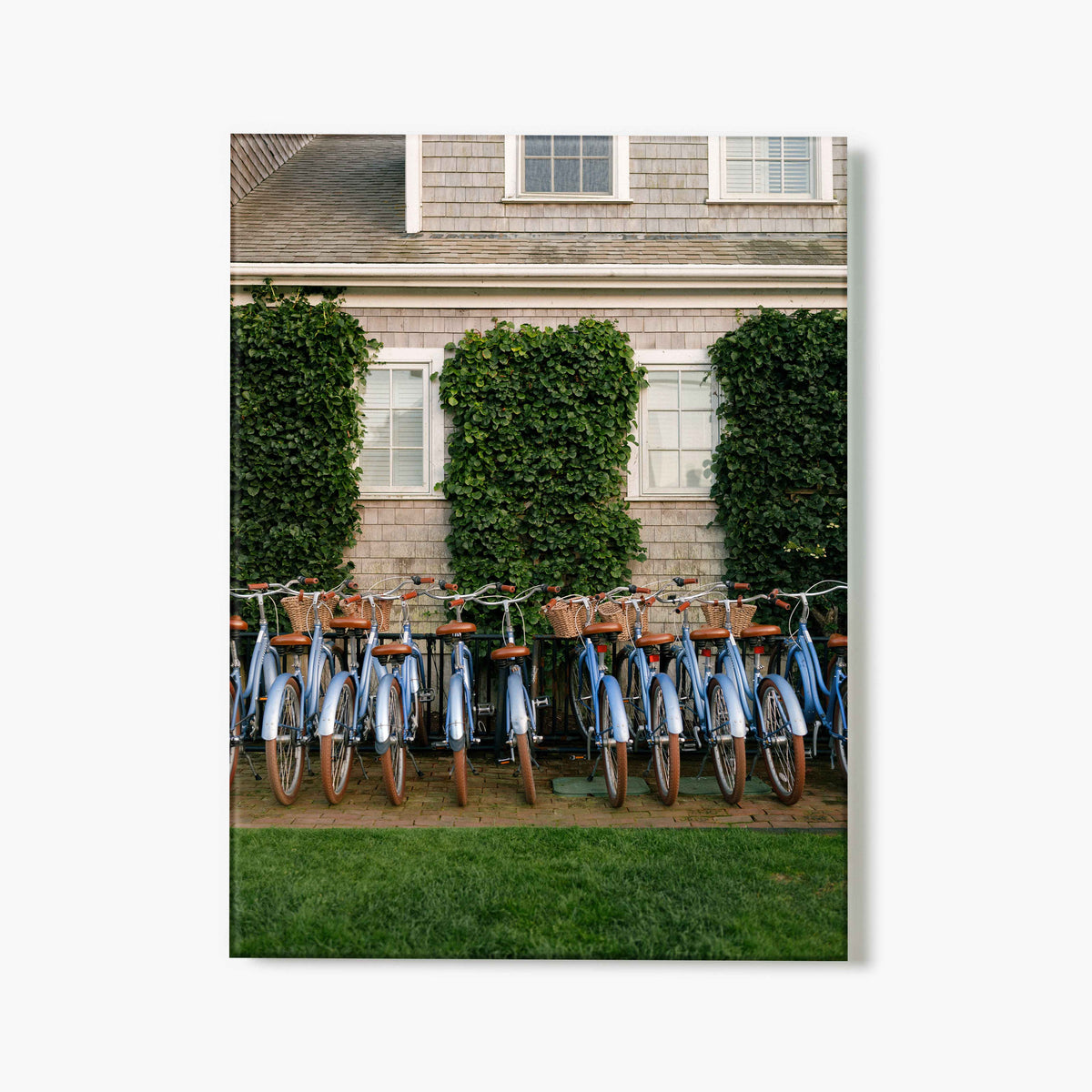Glass print of a row of bicycles with wooden baskets in front of a house with greenery.