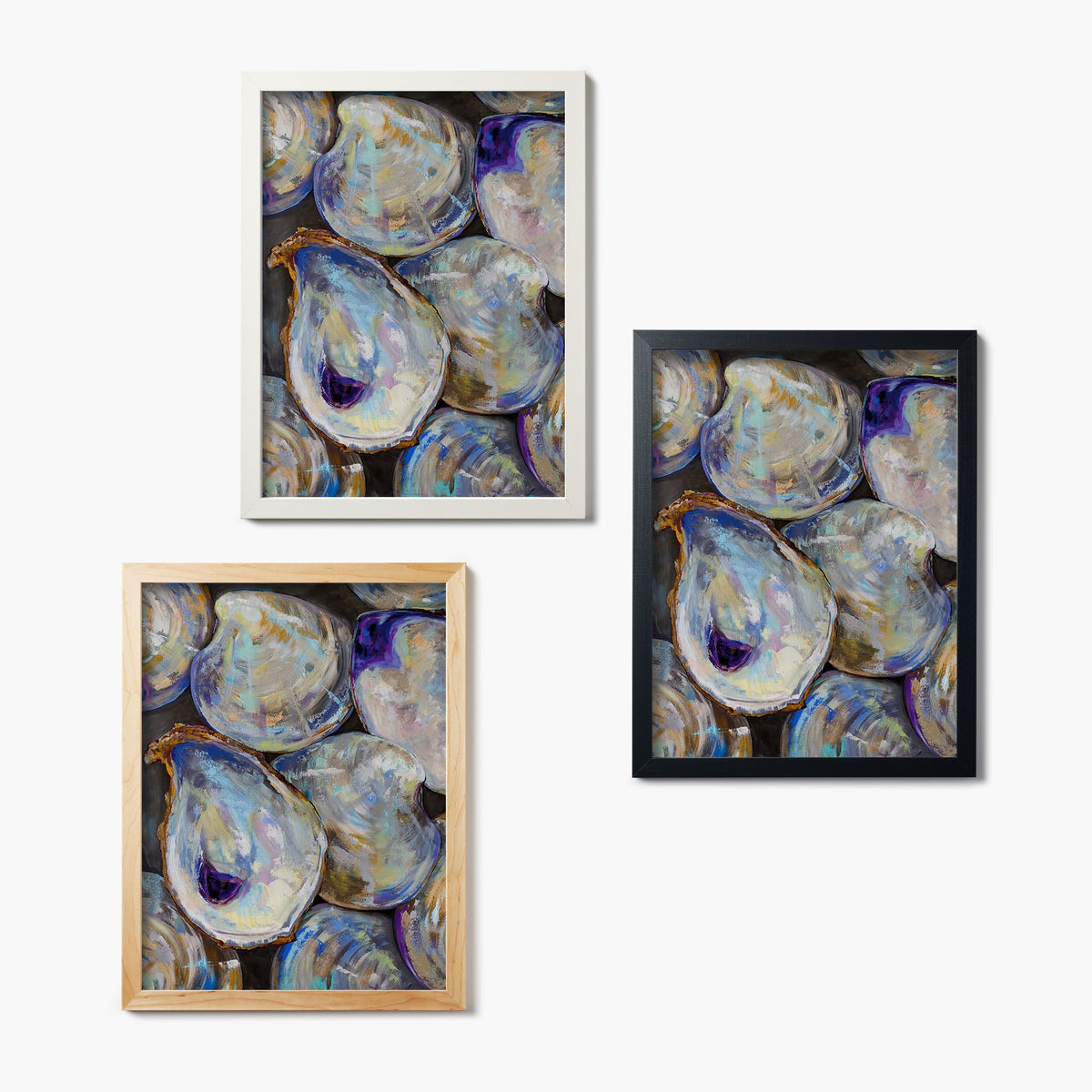 Set of three framed glass prints depicting an oyster shells among clam shells on a white background