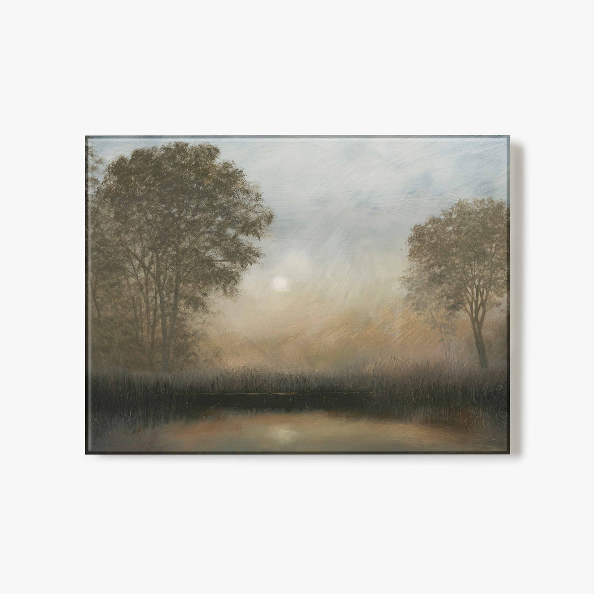 Glass print of artwork of a misty landscape with trees and a lake.