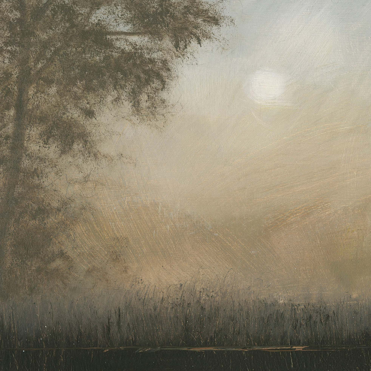 Close-up of misty painted landscape with a tree and grassy field.