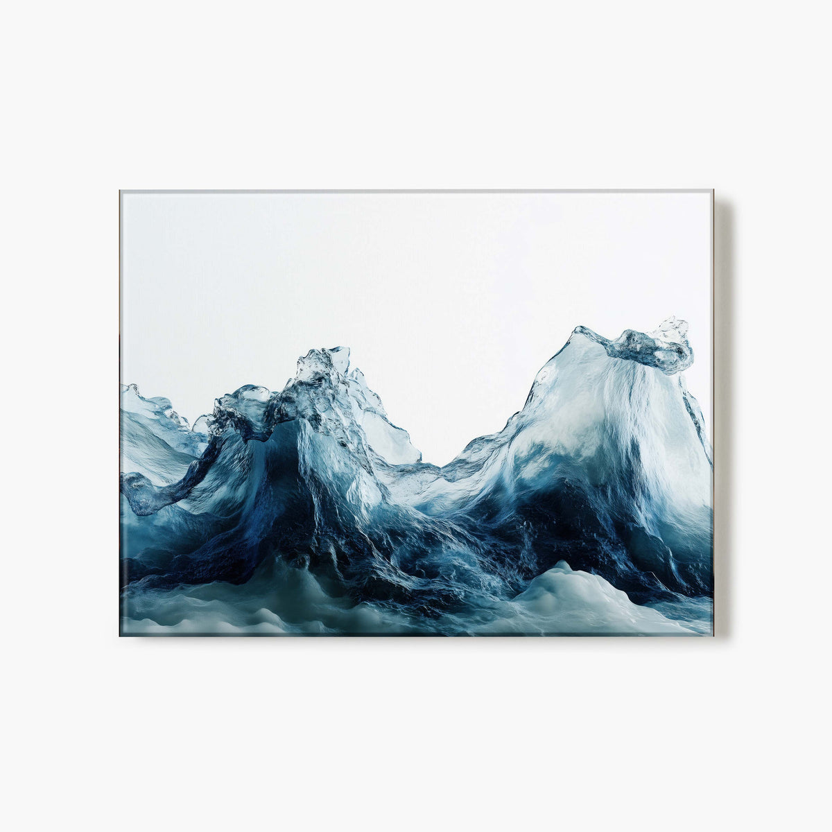 Glass print of artwork of a large wave design with a white background