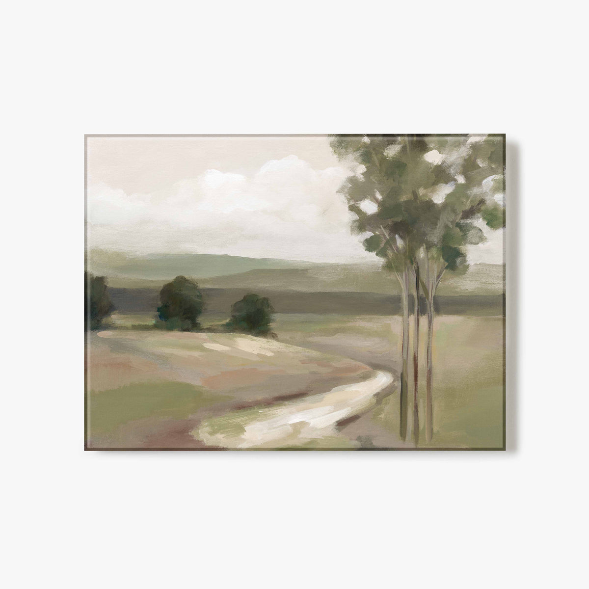 Glass print of a painting of a landscape with a tree and path on a white background.