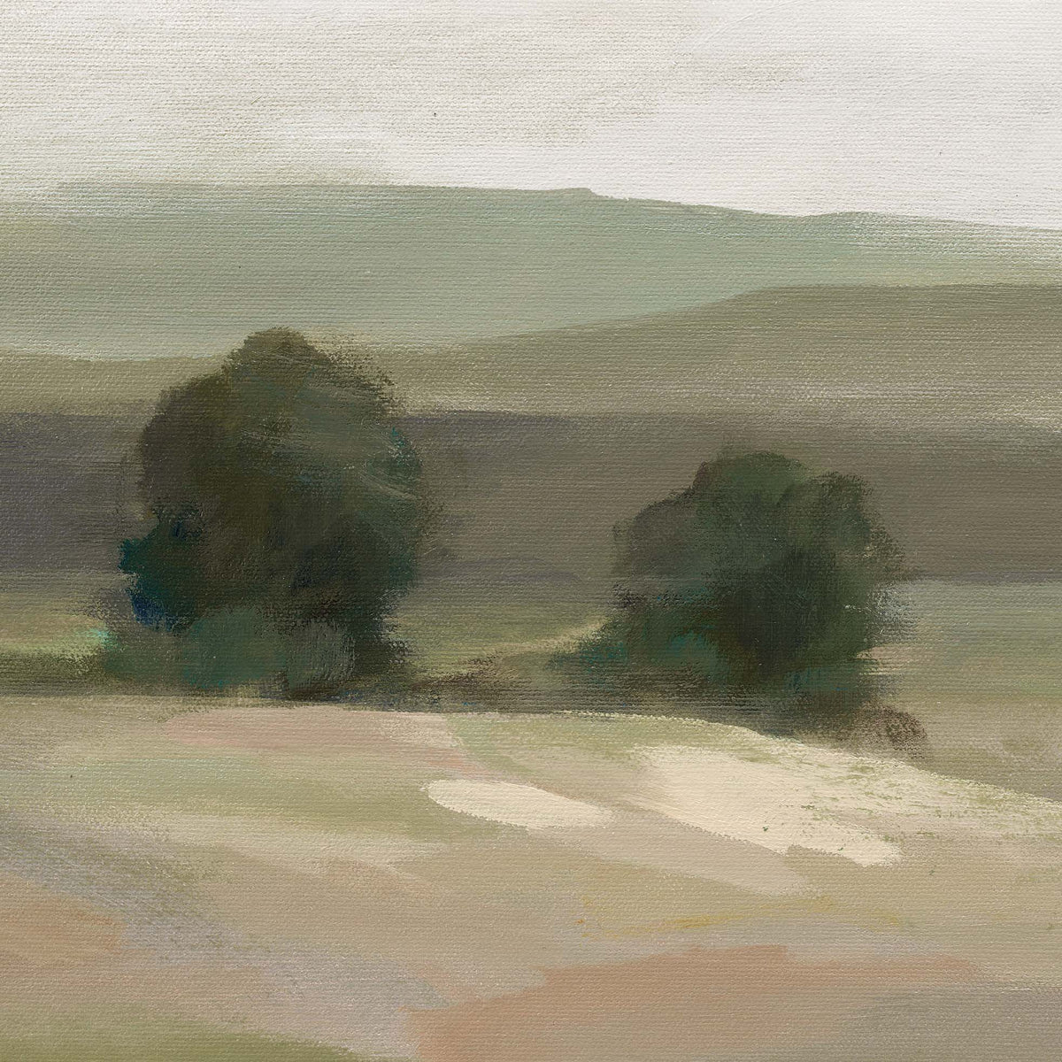 Close-up of painting of two trees in a field with a hilly landscape.