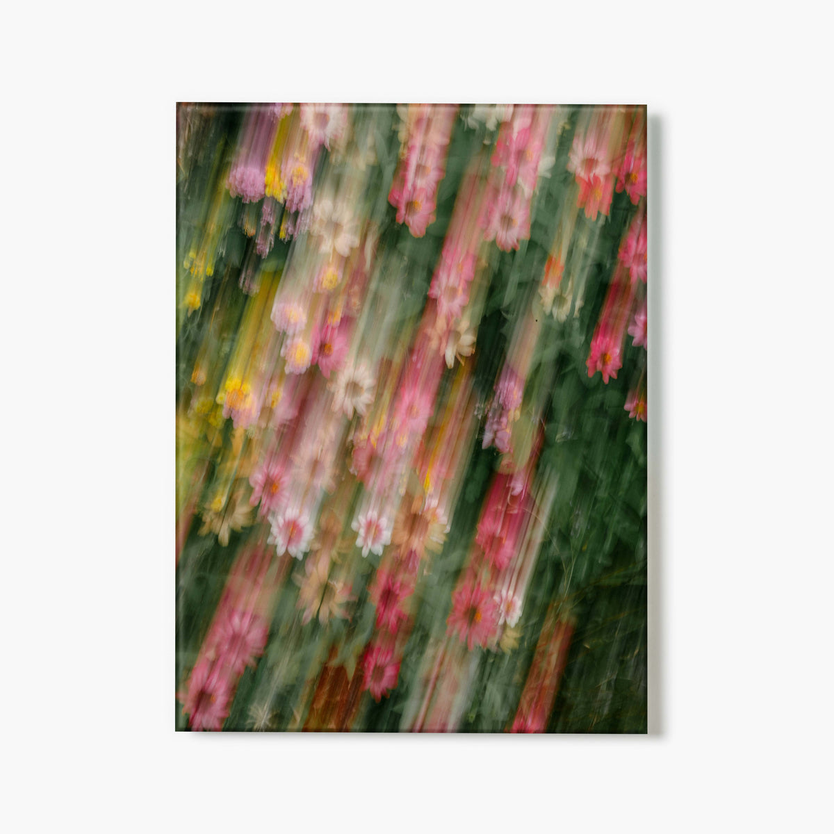 Glass print of an artistically blurred floral photo, with streaks of pink, yellow, and green on a white background