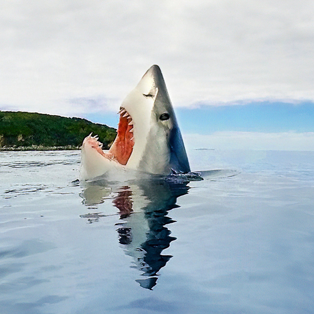 Close-up of shark with open mouth emerging from water on a clear day