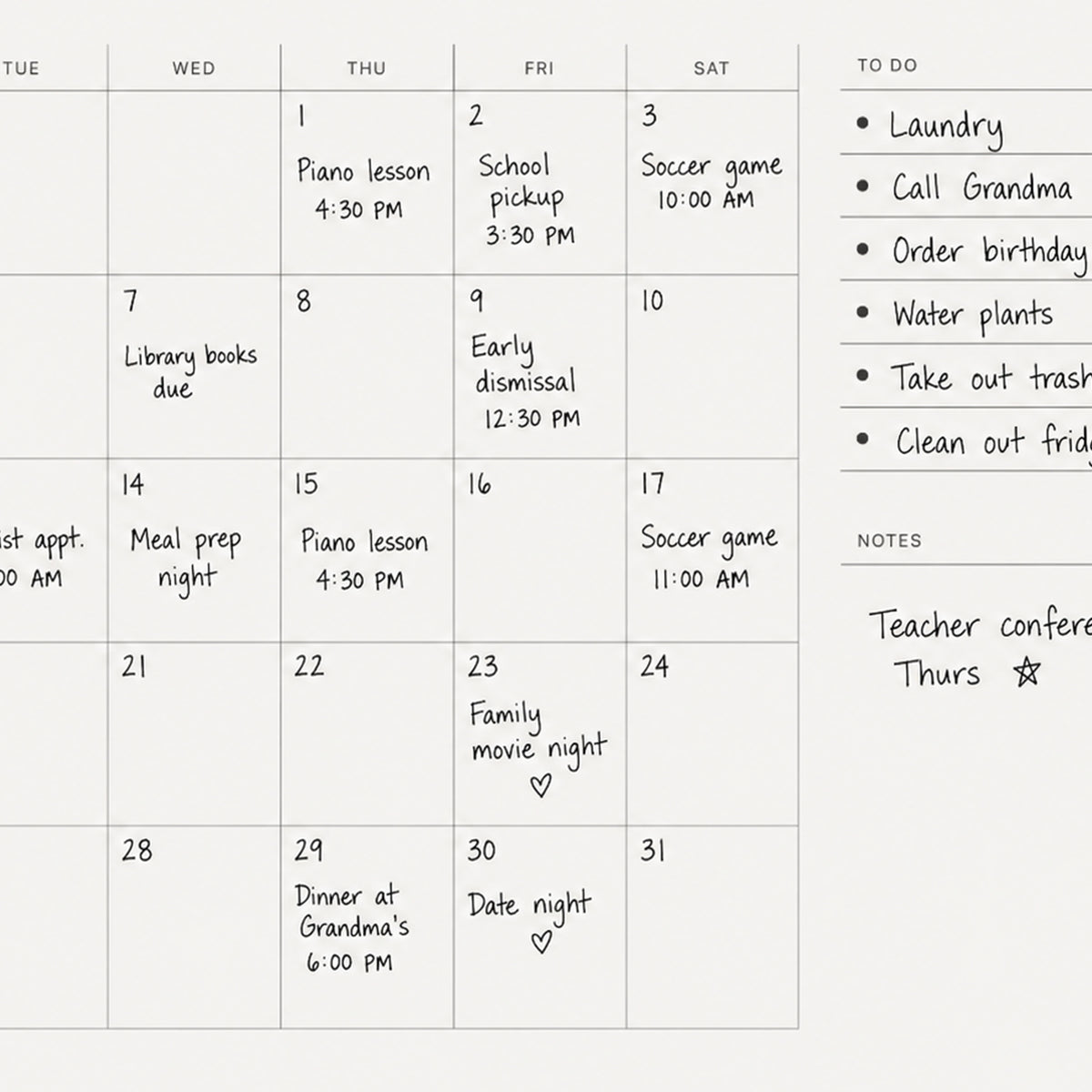 Writable Monthly Calendar: Ink