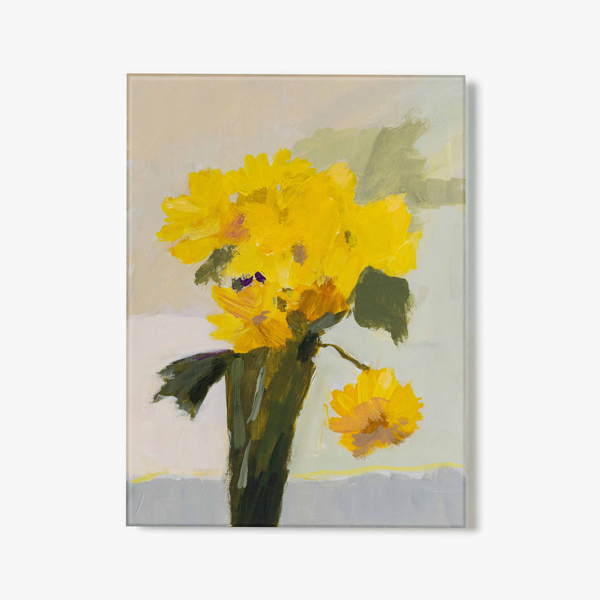 Glass print of painting of yellow flowers on a beige background