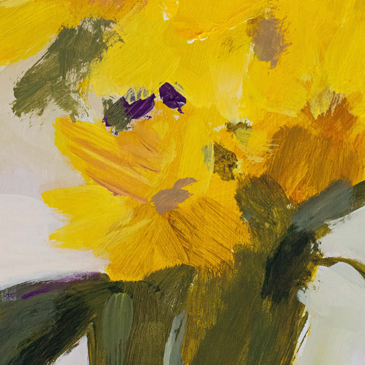 Close-up of abstract painting of yellow flowers with green and purple accents on a white background